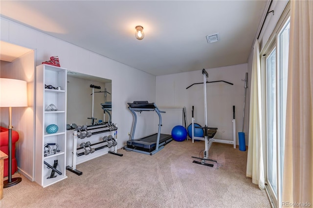 exercise room with carpet floors and visible vents