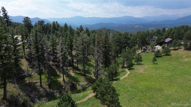 birds eye view of property featuring a forest view and a mountain view