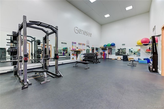 workout area with a high ceiling