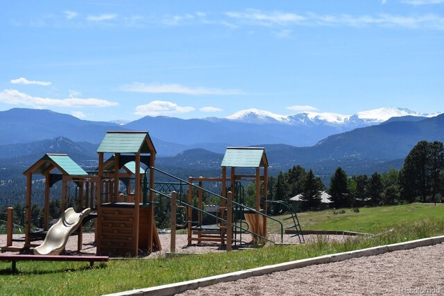 view of play area with a mountain view