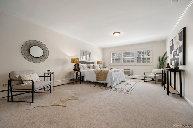 carpeted bedroom with crown molding, baseboards, and a wall mounted air conditioner