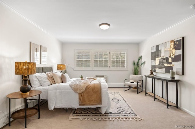 bedroom with baseboards, multiple windows, crown molding, and carpet floors