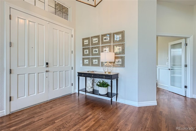 entryway featuring a towering ceiling and dark hardwood / wood-style floors