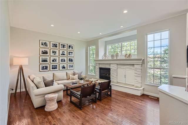 living room featuring ornamental molding, hardwood / wood-style floors, and a stone fireplace