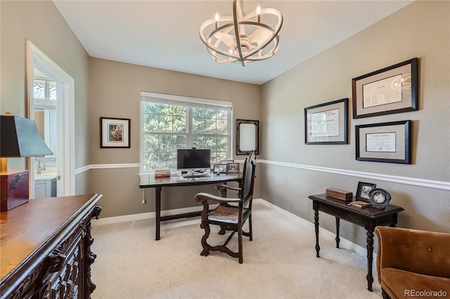 carpeted office space featuring an inviting chandelier