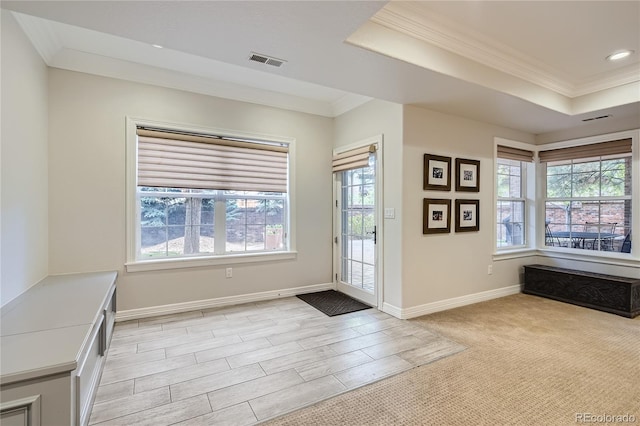 interior space with a wealth of natural light, a raised ceiling, and crown molding