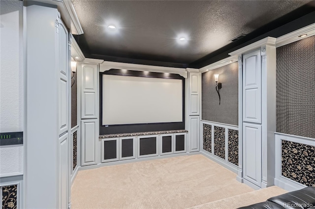 cinema room with light colored carpet