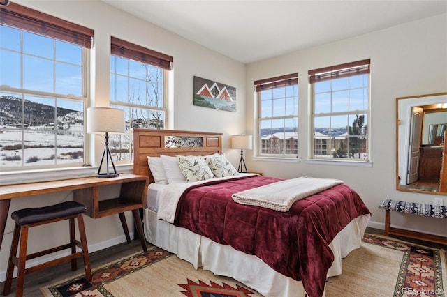 bedroom featuring dark hardwood / wood-style floors, a mountain view, and multiple windows