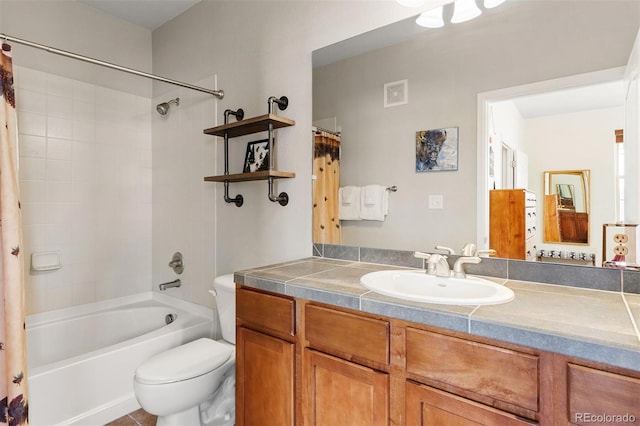 full bathroom with toilet, vanity, and shower / bathtub combination with curtain