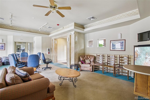 4545 Wheaton Dr Unit B210, Fort Collins, CO 80525 - living room featuring carpet, a ceiling fan, and track lighting