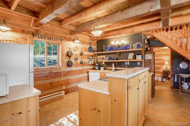 kitchen featuring white appliances, a center island with sink, wood ceiling, and a baseboard heating unit