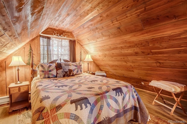 bedroom featuring wood walls, vaulted ceiling, and hardwood / wood-style floors