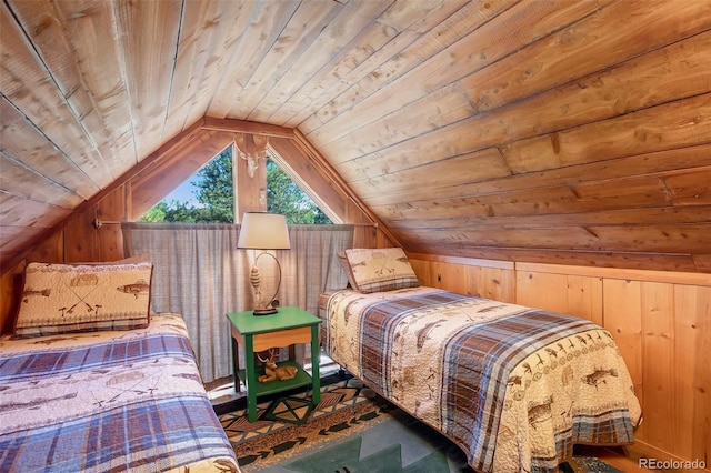 bedroom with wooden ceiling, lofted ceiling, and wood walls