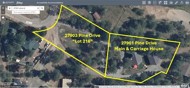 27901 Pine Dr, Evergreen, CO 80439 - map of property location with property boundaries highlighted