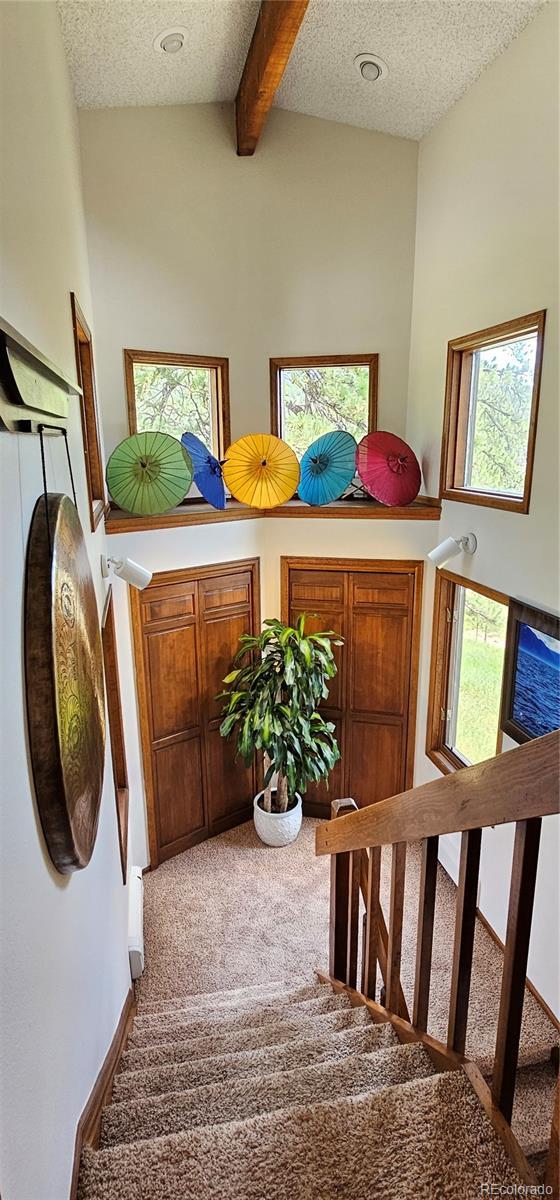 27901 Pine Dr, Evergreen, CO 80439 - stairs with carpet floors, a textured ceiling, beam ceiling, a towering ceiling, and healthy amount of natural light