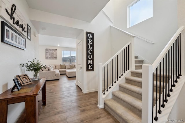 stairway featuring wood-type flooring