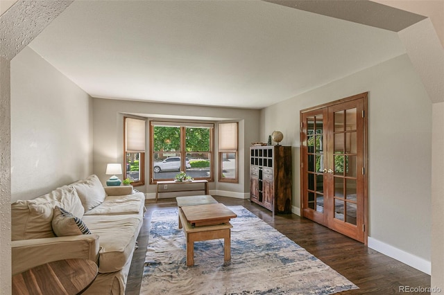 living room with french doors, dark hardwood / wood-style flooring, a textured ceiling, and lofted ceiling