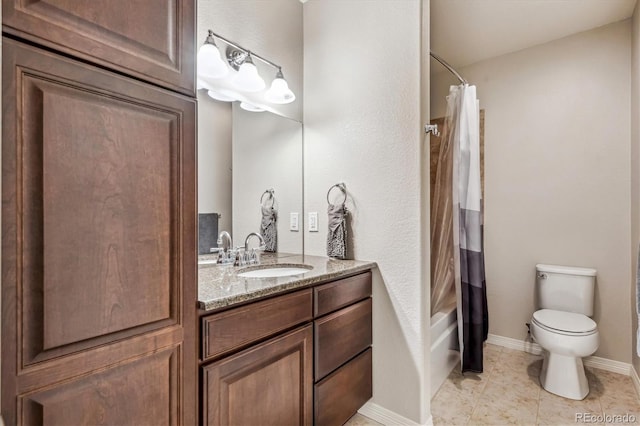 bathroom featuring baseboards, toilet, vanity, tile patterned flooring, and shower / bathtub combination with curtain