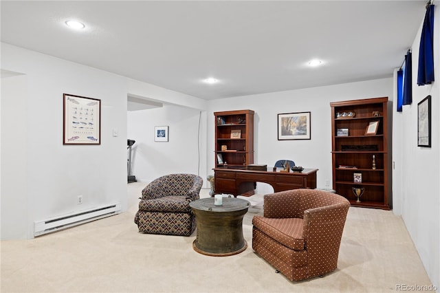 2608 E Fremont Pl, Centennial, CO 80122 - sitting room featuring a baseboard radiator, carpet flooring, recessed lighting, and an office area
