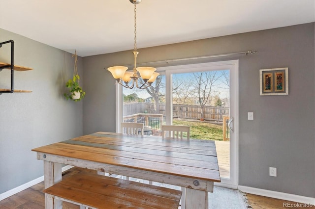 dining area featuring hardwood / wood-style flooring and a notable chandelier