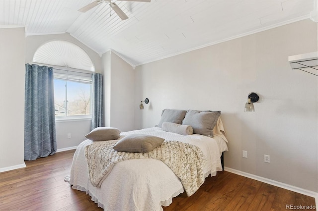 bedroom with ceiling fan, lofted ceiling, dark wood-type flooring, and ornamental molding