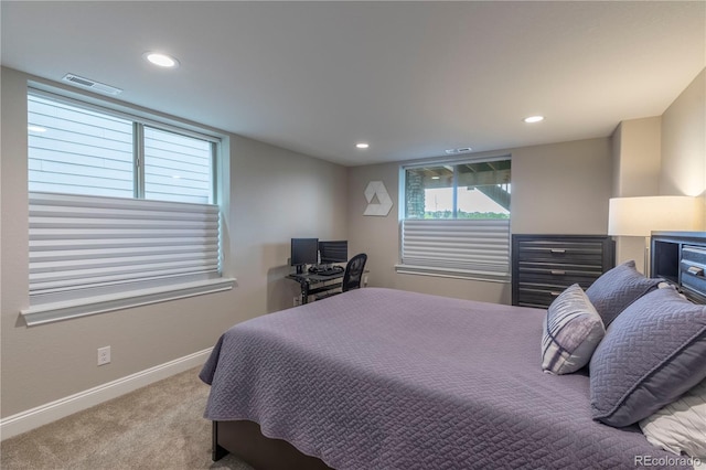 bedroom featuring carpet flooring, baseboards, and recessed lighting