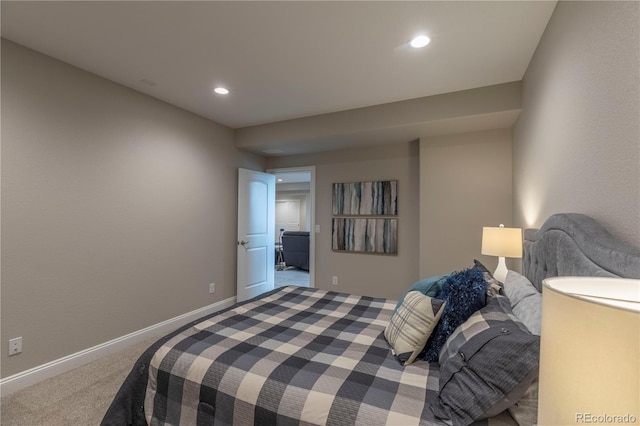 carpeted bedroom with recessed lighting and baseboards