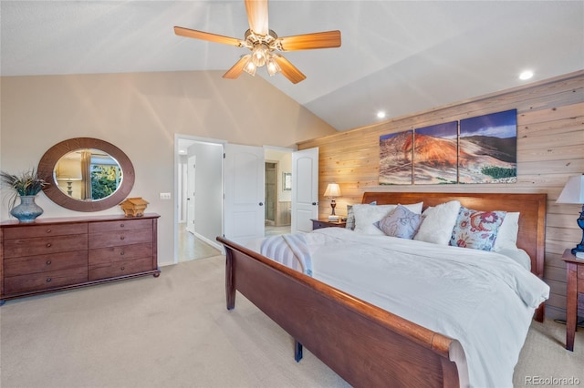 bedroom featuring wooden walls, recessed lighting, carpet, and a ceiling fan