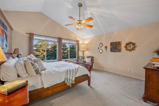 bedroom featuring high vaulted ceiling, carpet flooring, baseboards, and a ceiling fan