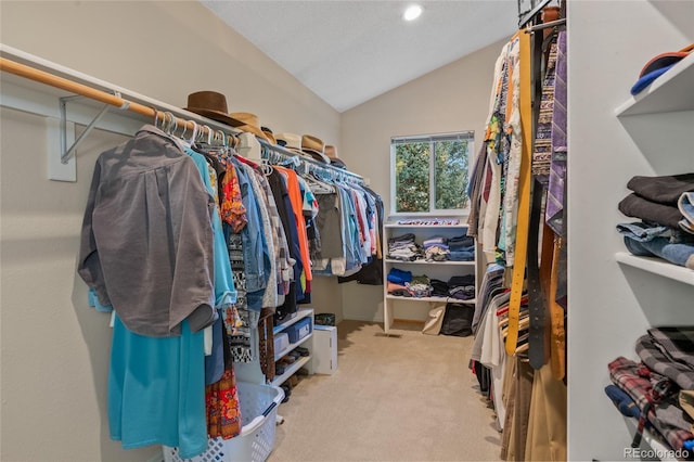 spacious closet featuring lofted ceiling and carpet floors