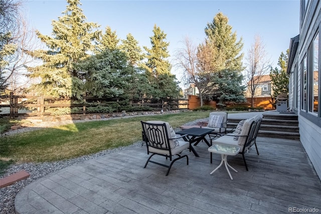 view of patio featuring a fenced backyard and a wooden deck