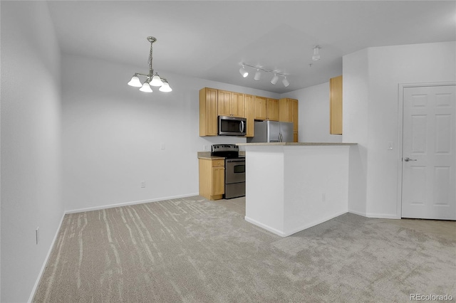 kitchen with light colored carpet, kitchen peninsula, light brown cabinets, and stainless steel appliances