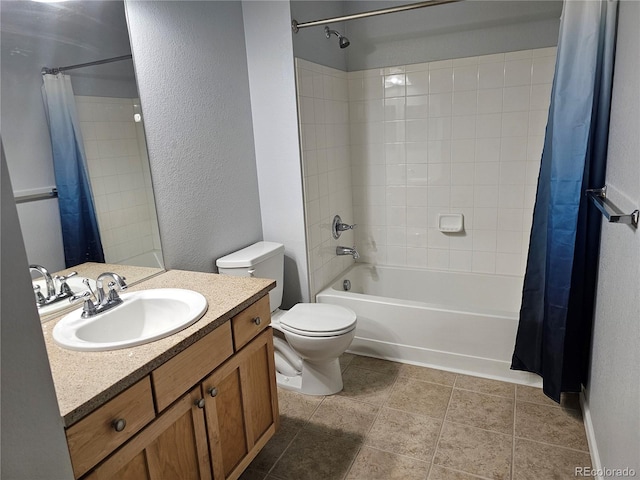 full bathroom featuring shower / tub combo with curtain, vanity, toilet, and tile patterned flooring