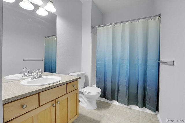 bathroom with walk in shower, tile patterned flooring, vanity, and toilet