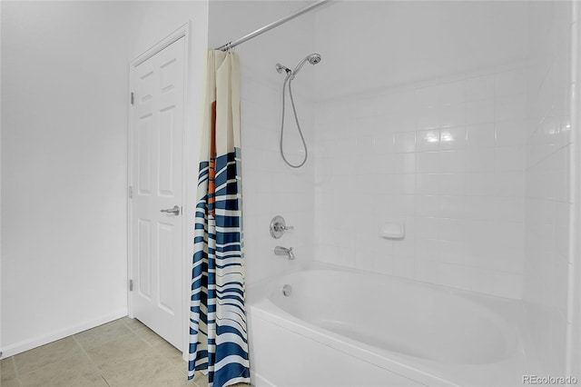 bathroom with shower / tub combo with curtain and tile patterned floors