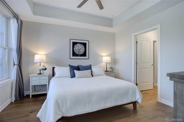 bedroom with a tray ceiling, wood-type flooring, and ceiling fan