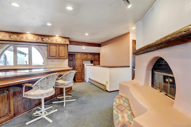 kitchen featuring crown molding, a baseboard radiator, and carpet flooring