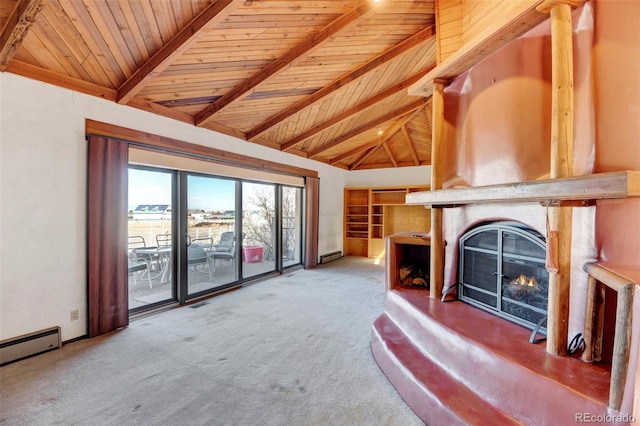 unfurnished living room with wood ceiling, a fireplace, lofted ceiling with beams, and carpet