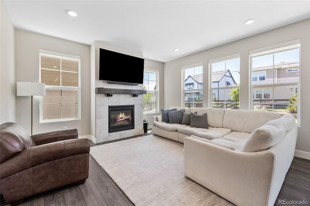 1632 Saddlesmith Pl, Castle Pines, CO 80108 - living area featuring wood finished floors, baseboards, a fireplace, and recessed lighting