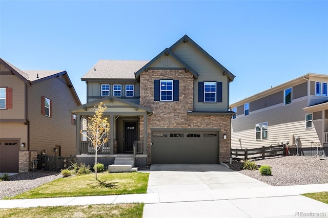 1632 Saddlesmith Pl, Castle Pines, CO 80108 - craftsman house featuring concrete driveway, a garage, stone siding, and brick siding