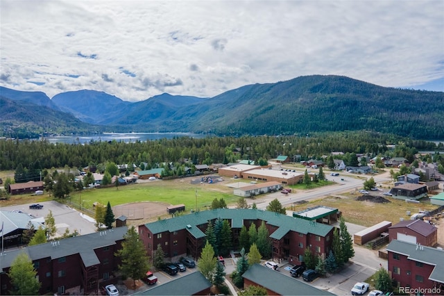 mountain view with a forest view and a water view