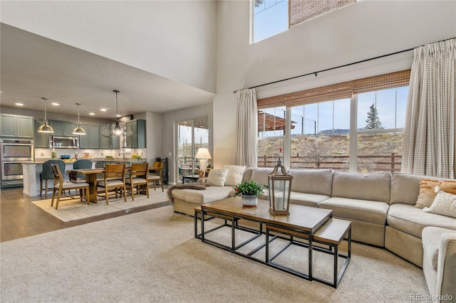 living room featuring a towering ceiling, sink, and light hardwood / wood-style flooring