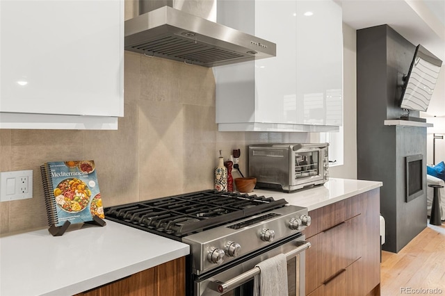 kitchen featuring light hardwood / wood-style flooring, ventilation hood, stainless steel gas range, and backsplash