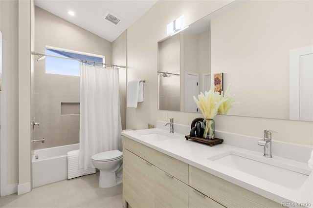 full bathroom with tile patterned flooring, toilet, shower / bath combination with curtain, vaulted ceiling, and vanity