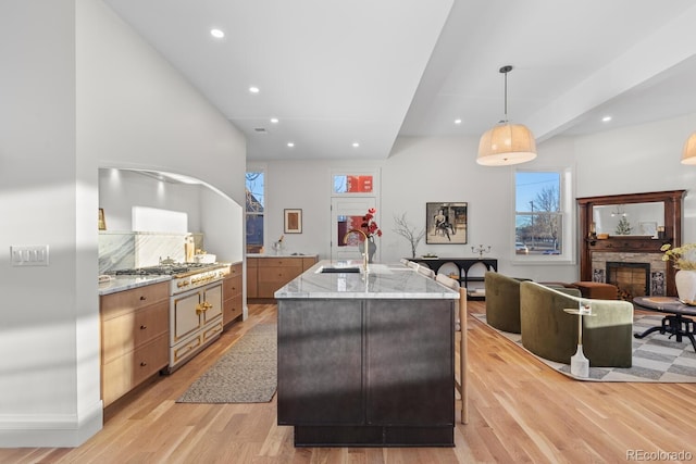 kitchen featuring light wood-type flooring, light stone countertops, a sink, and a stone fireplace