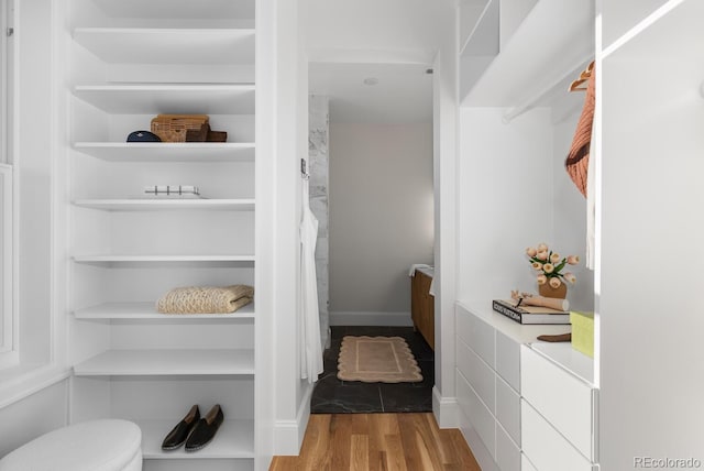 walk in closet with wood finished floors