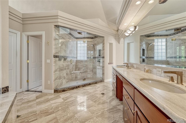 bathroom with walk in shower, vanity, and vaulted ceiling