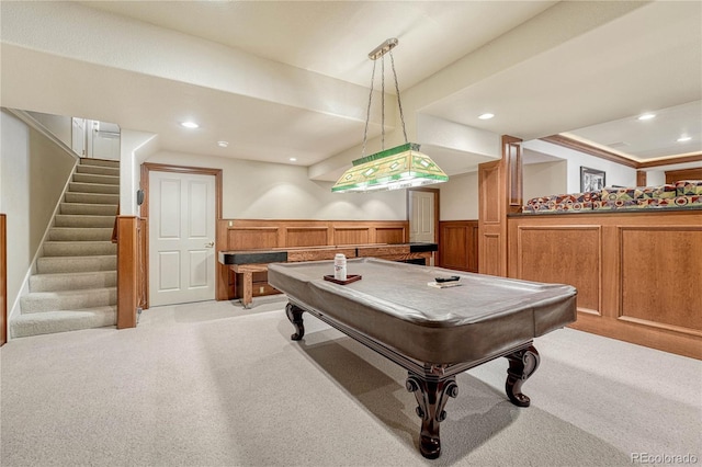 recreation room featuring pool table, light carpet, and crown molding