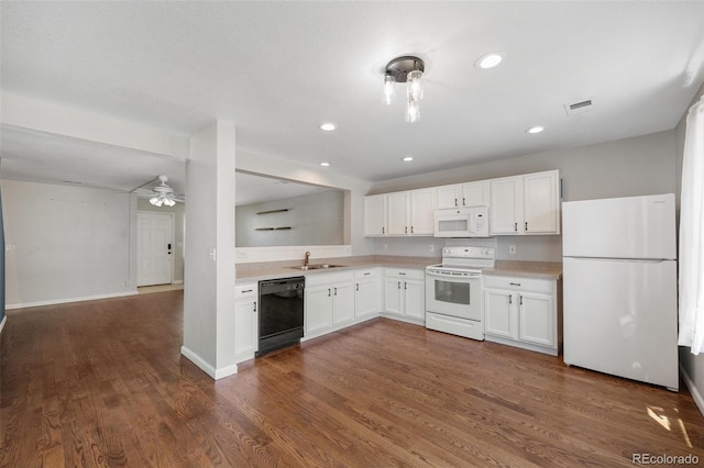 11050 Gaylord St, Northglenn, CO 80233 - kitchen with white appliances, a ceiling fan, light countertops, white cabinets, and dark wood-style floors