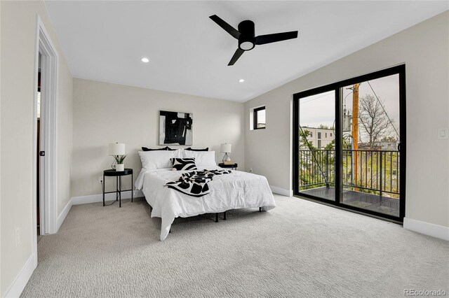 2162 S Ash St, Denver, CO 80222 - bedroom featuring access to exterior, light carpet, baseboards, a ceiling fan, and recessed lighting